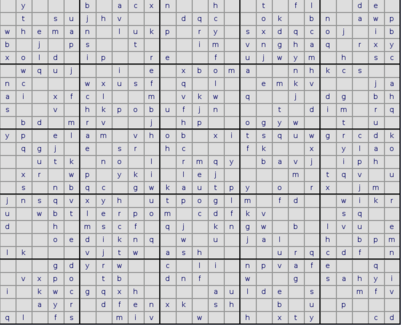 25x25
			Felder großes Sudoku mit Buchstaben anstatt
			Zahlen und 5x5-Blöcken